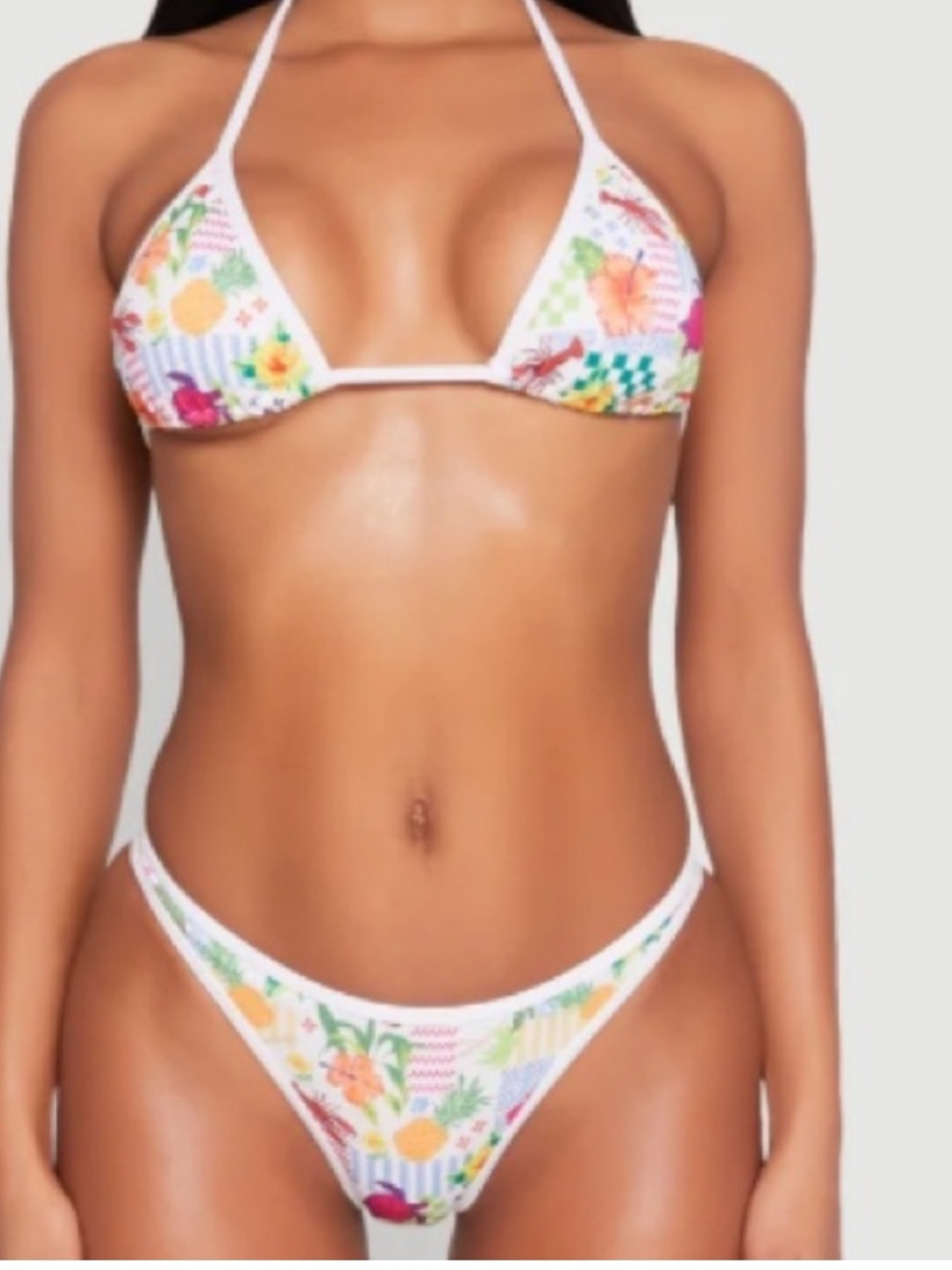 3 piece White Floral Triangle Bikini Set with Mint Ruched Skirt Cover-Up